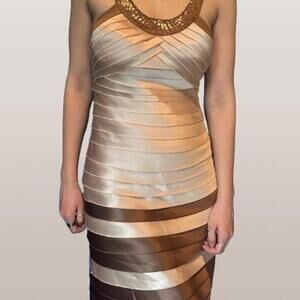 BCBGMAXAZRIA Vintage Beaded Bandage Dress – Brown + Champagne Striped Sz XS